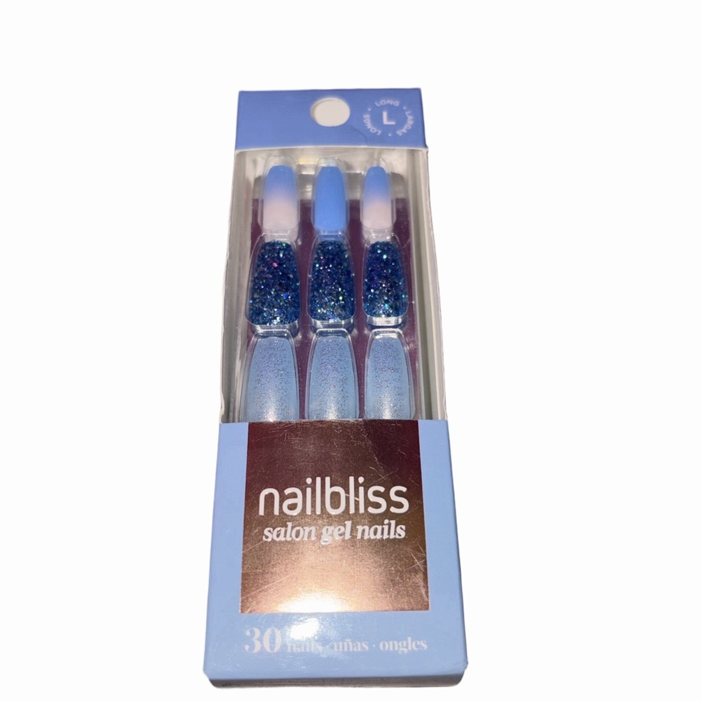 nailbliss Blue Glitter Gel Press-On Nails Long | 30pc Salon Kit w/ Glue File